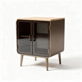 Modern bedside table with glass doors and wooden top in brown 60 x 40 x 70cm
