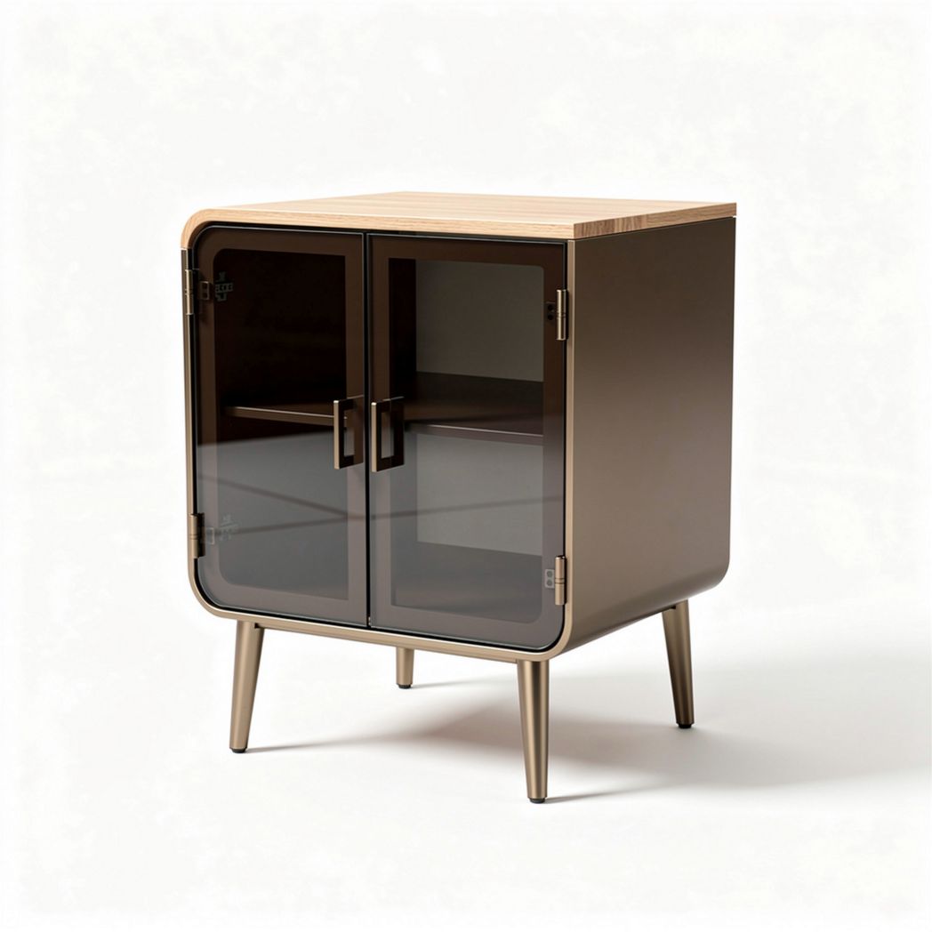 Modern bedside table with glass doors and wooden top in brown 60 x 40 x 70cm