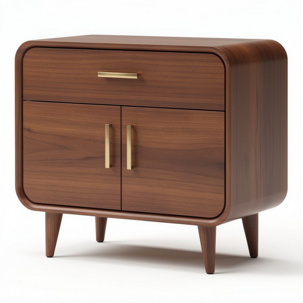 Wooden nightstand with two drawers and brass handles in walnut finish