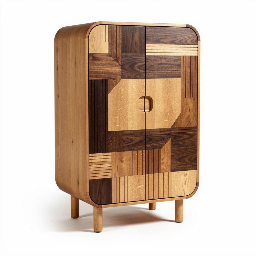 Wooden cabinet with geometric design and natural finish 80 x 40 x 110cm