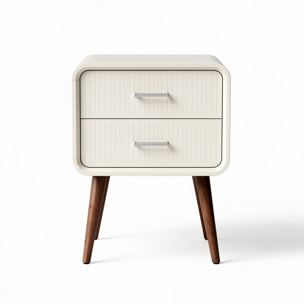 Nightstand with two drawers in cream finish and walnut legs 50 x 40 x 60cm