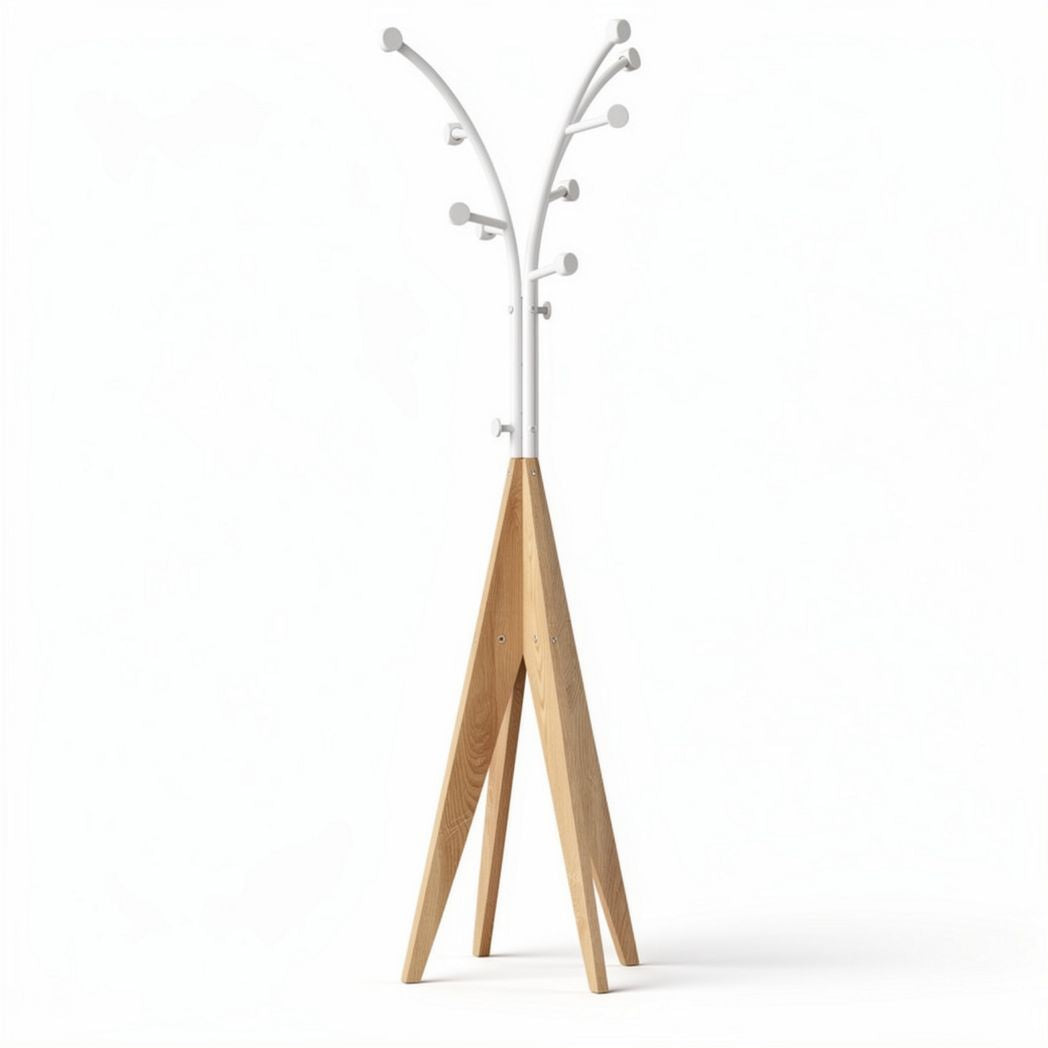 Wooden coat rack with white metal hooks for entryway and hallway 150 x 50 x 180cm