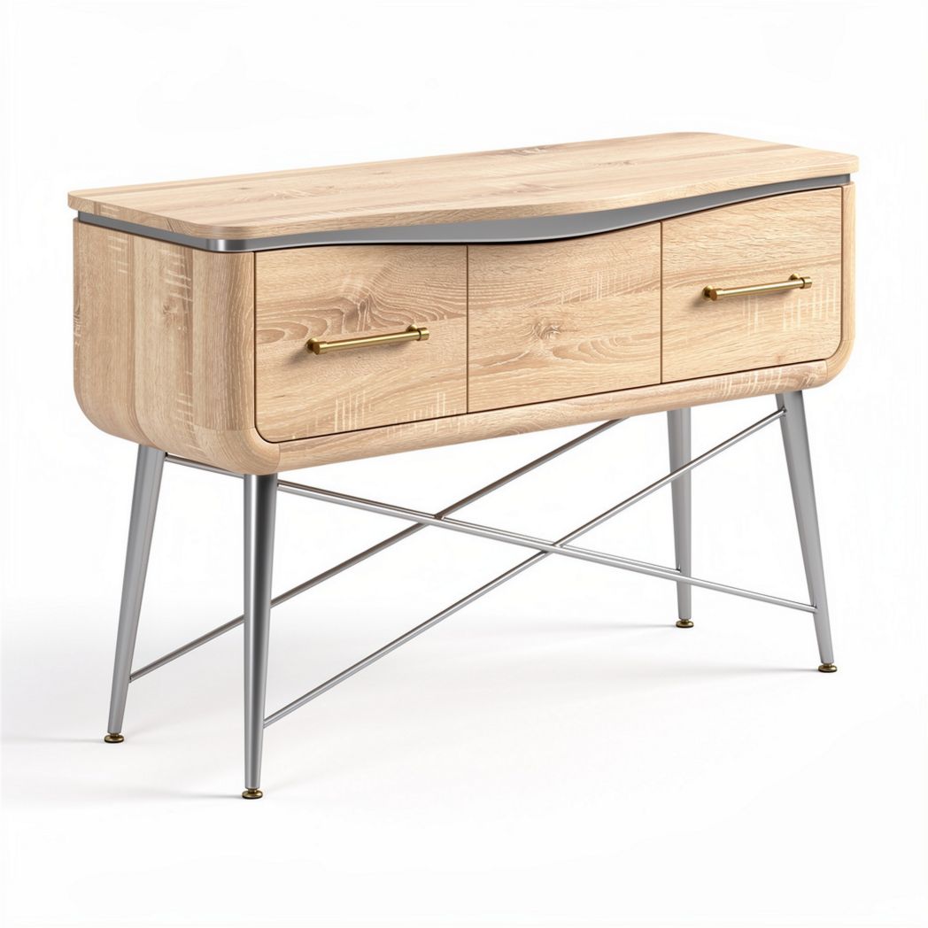 Wooden console table with metal legs and three storage drawers 100 x 40 x 80cm