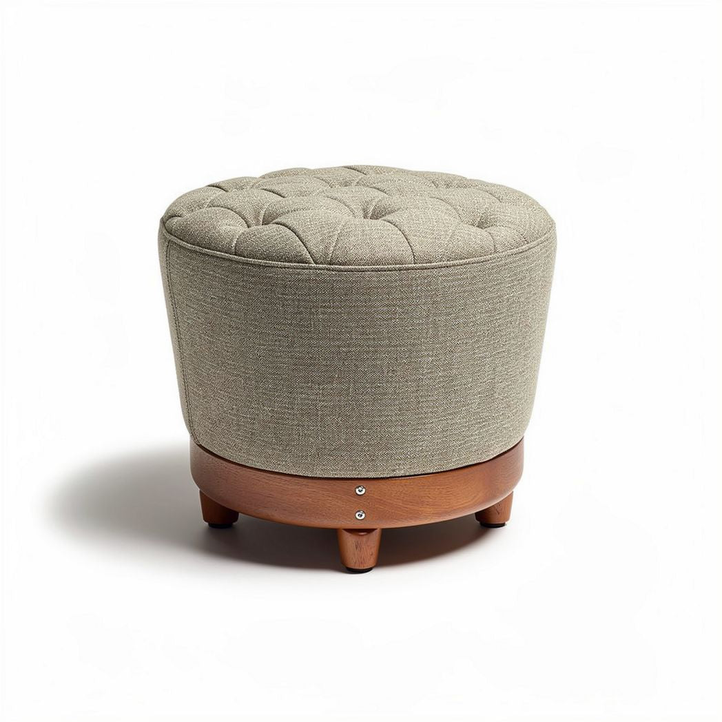 Tufted fabric storage ottoman with wooden base 40 x 40 x 30cm in beige