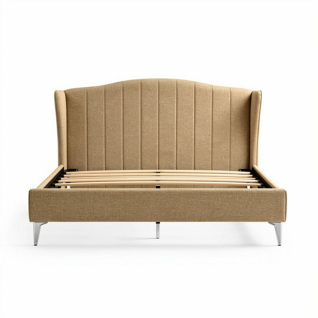 Upholstered bed frame with wooden slats and tall headboard in beige 200 x 160 x 100cm