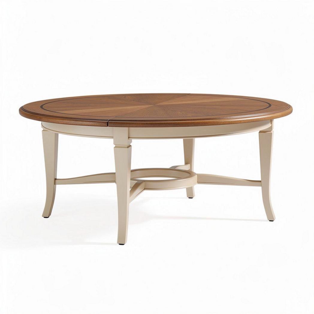 Round dining table with wooden top and cream finish 150 x 90 x 75cm