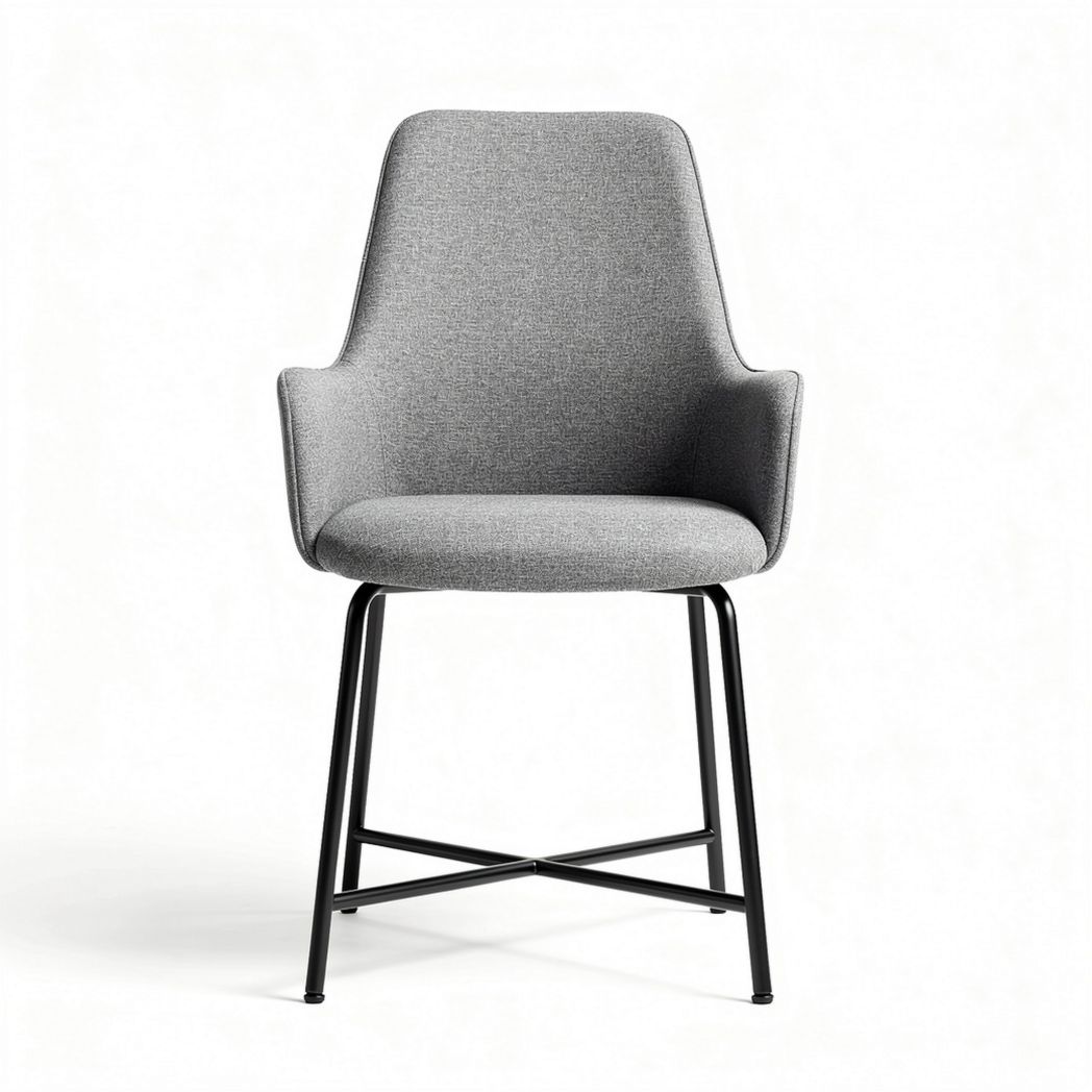 Gray upholstered chair with metal legs suitable for dining and office use