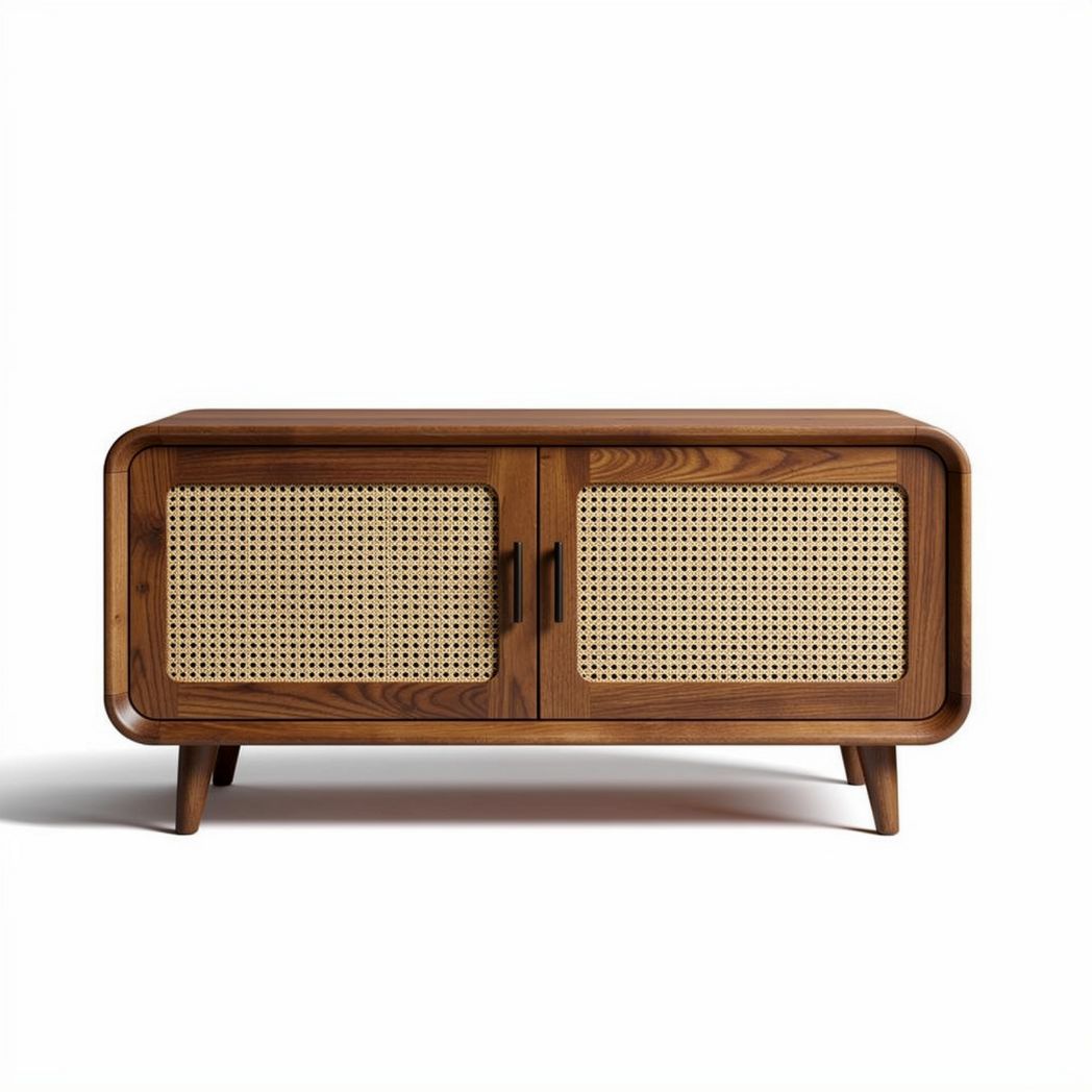 Rattan and wood storage cabinet in brown finish with dimensions 120 x 45 x 50cm